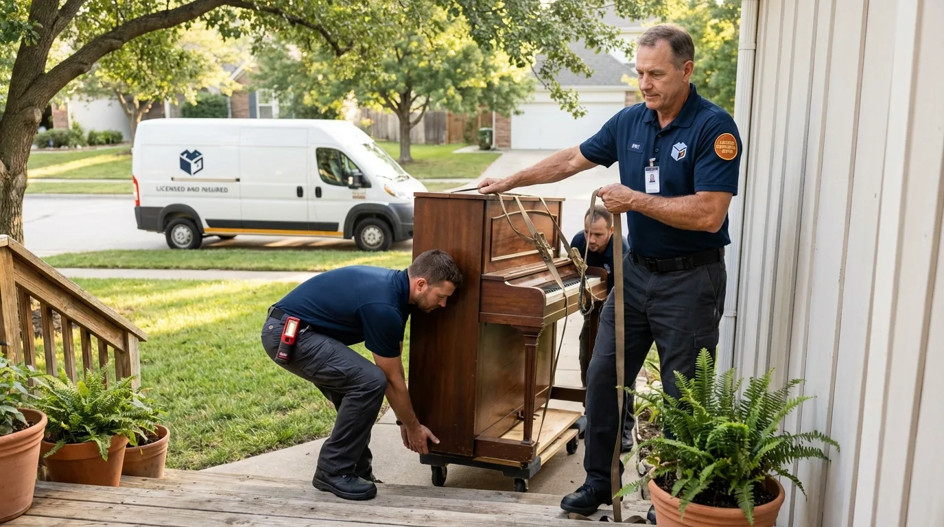 Licensed piano movers securing grand piano in Nelsonville, OH