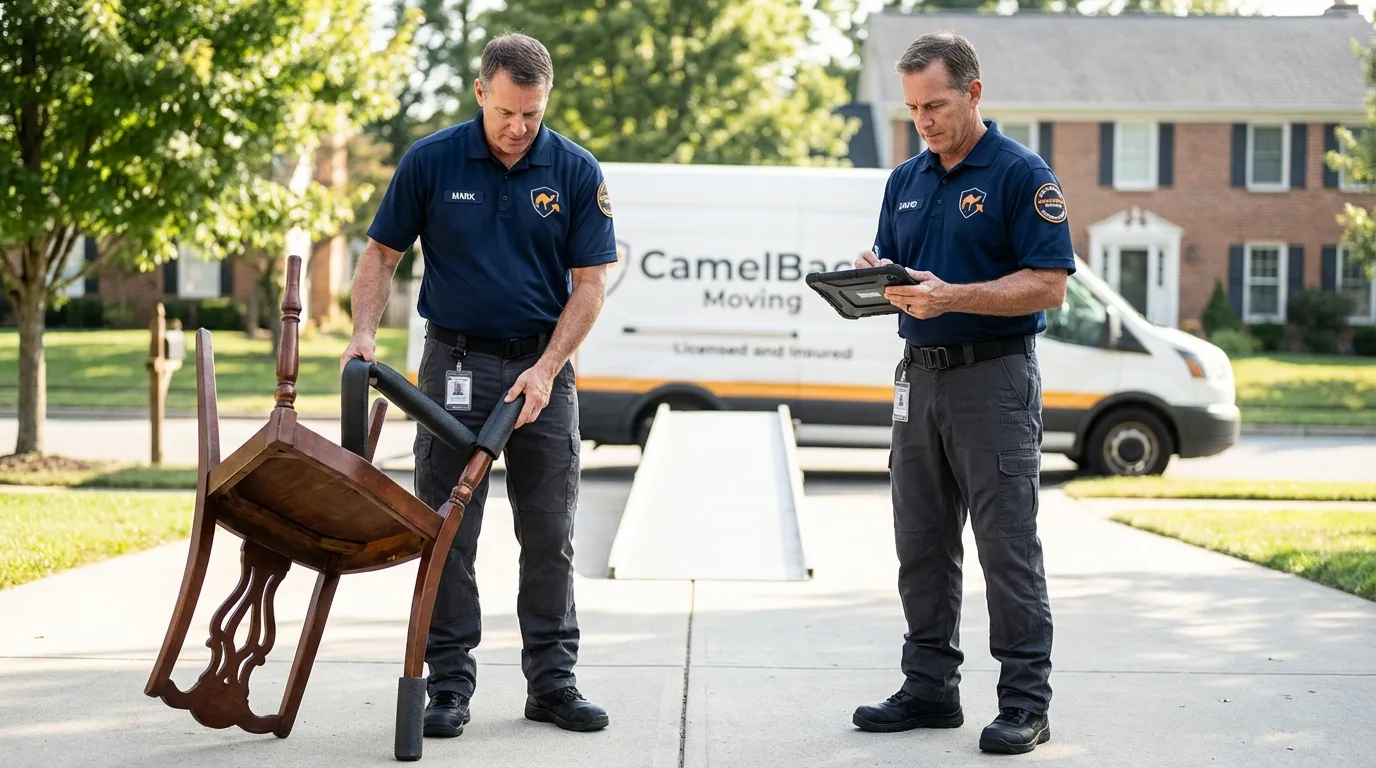 Movers inspecting furniture for damage prevention before loading in Nelsonville, OH