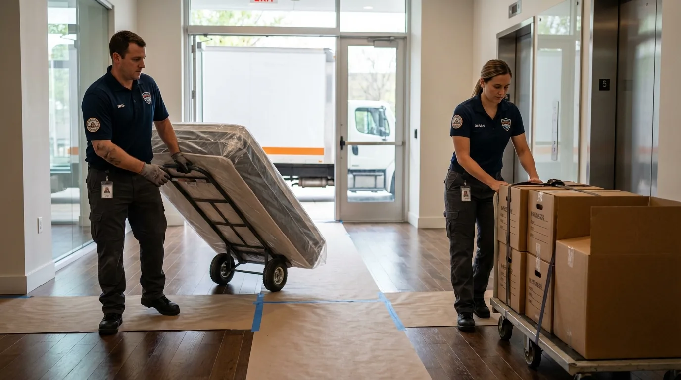 Professional apartment movers loading elevator in Nelsonville, OH